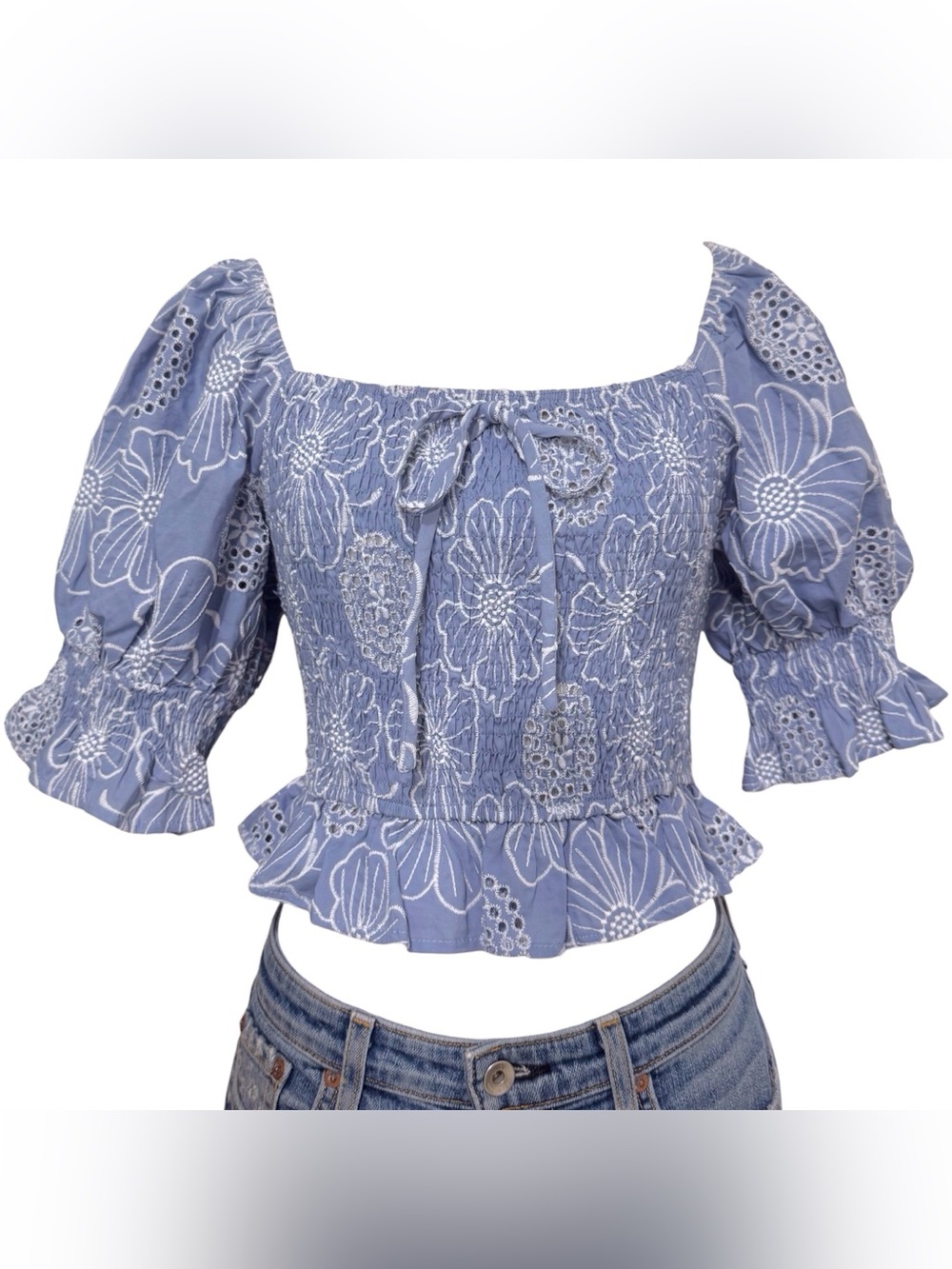 Moodie Blue Floral Smocked Crop Blouse Puff Sleeve Ruffle Top Size Small